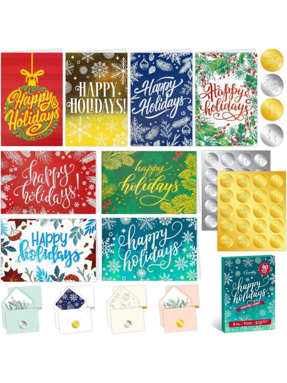 40 Pack Foil Embossed 5x7 Holiday Cards - Assorted Designs for All Occasions